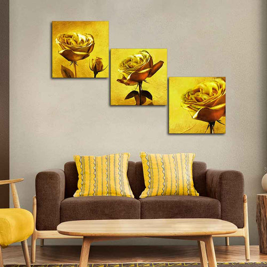 Golden Roses 3 Pieces Canvas Wall Painting