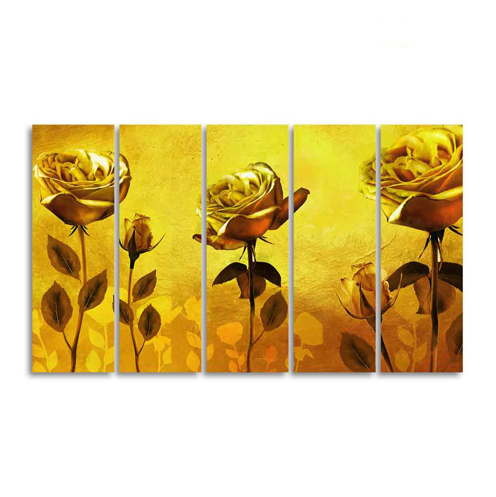 Golden Roses Five Pieces Canvas Wall Painting