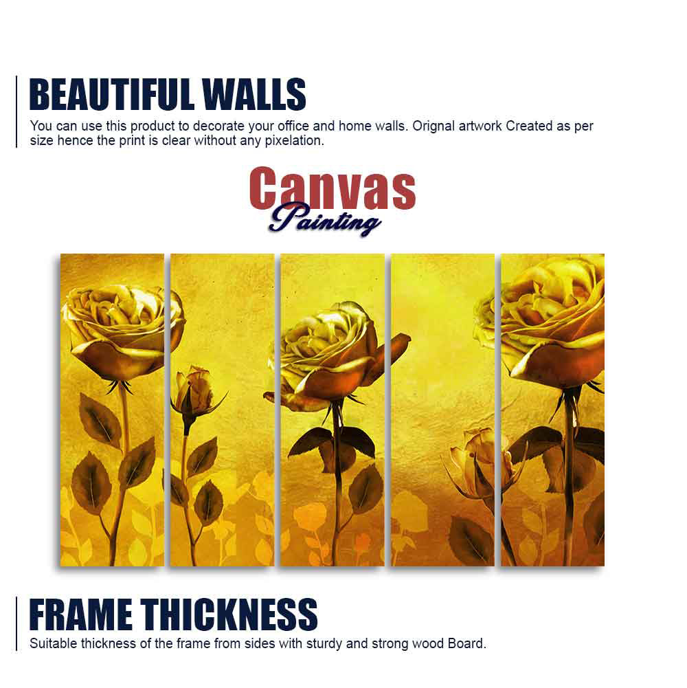 Golden Roses Five Pieces Canvas Wall Painting