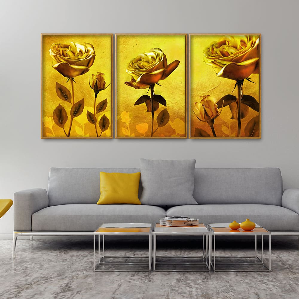 Golden Roses Floating Canvas Wall Painting Set of Three