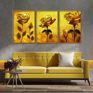 Golden Roses Floating Canvas Wall Painting Set of Three