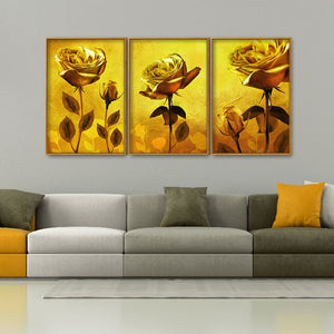 Golden Roses Floating Canvas Wall Painting Set of Three