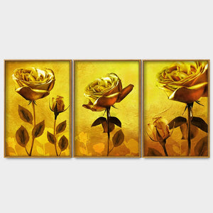 Golden Roses Floating Canvas Wall Painting Set of Three