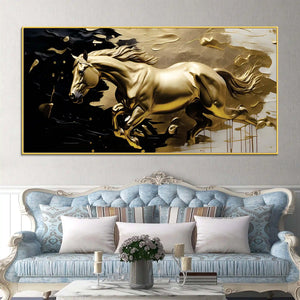 Golden Running Horse Abstract Canvas Painting for Home & Office Decor