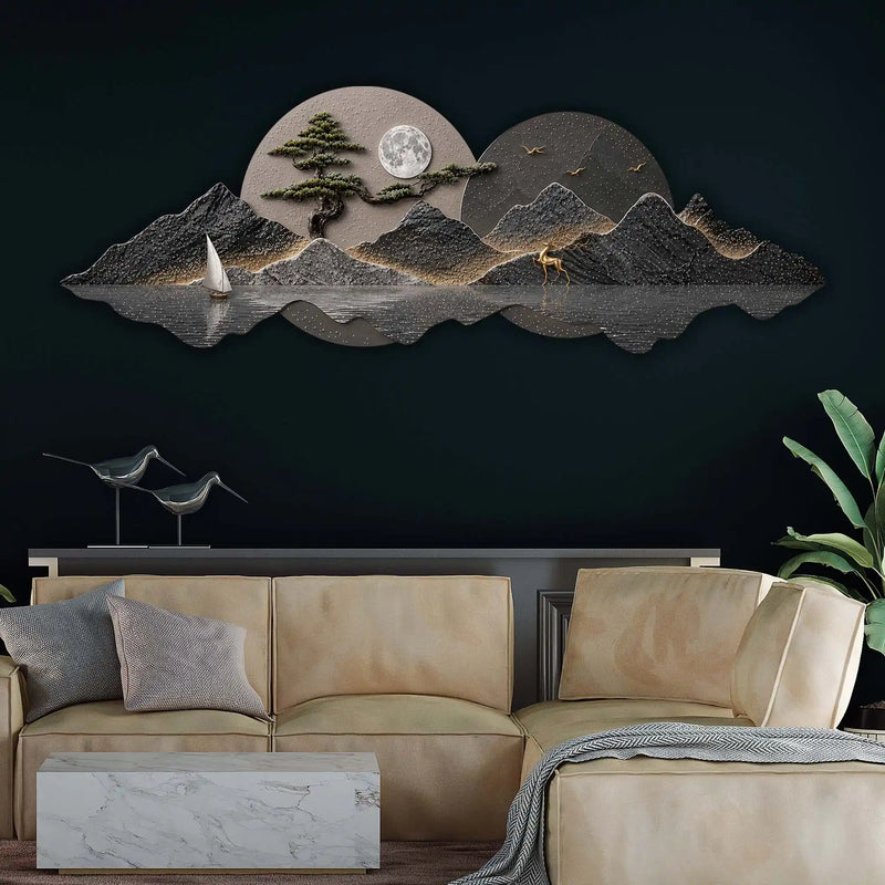 Golden Sailboat Mountain Reflection Premium Crystal Glass Backlit LED Painting