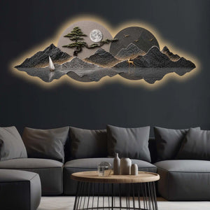 Golden Sailboat Mountain Reflection Premium Crystal Glass Backlit LED Wall Art