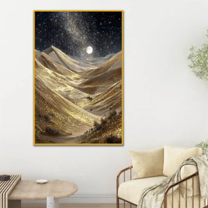 Golden Sand Dunes Under Moonlight Floating Frame Crystal Wall Painting