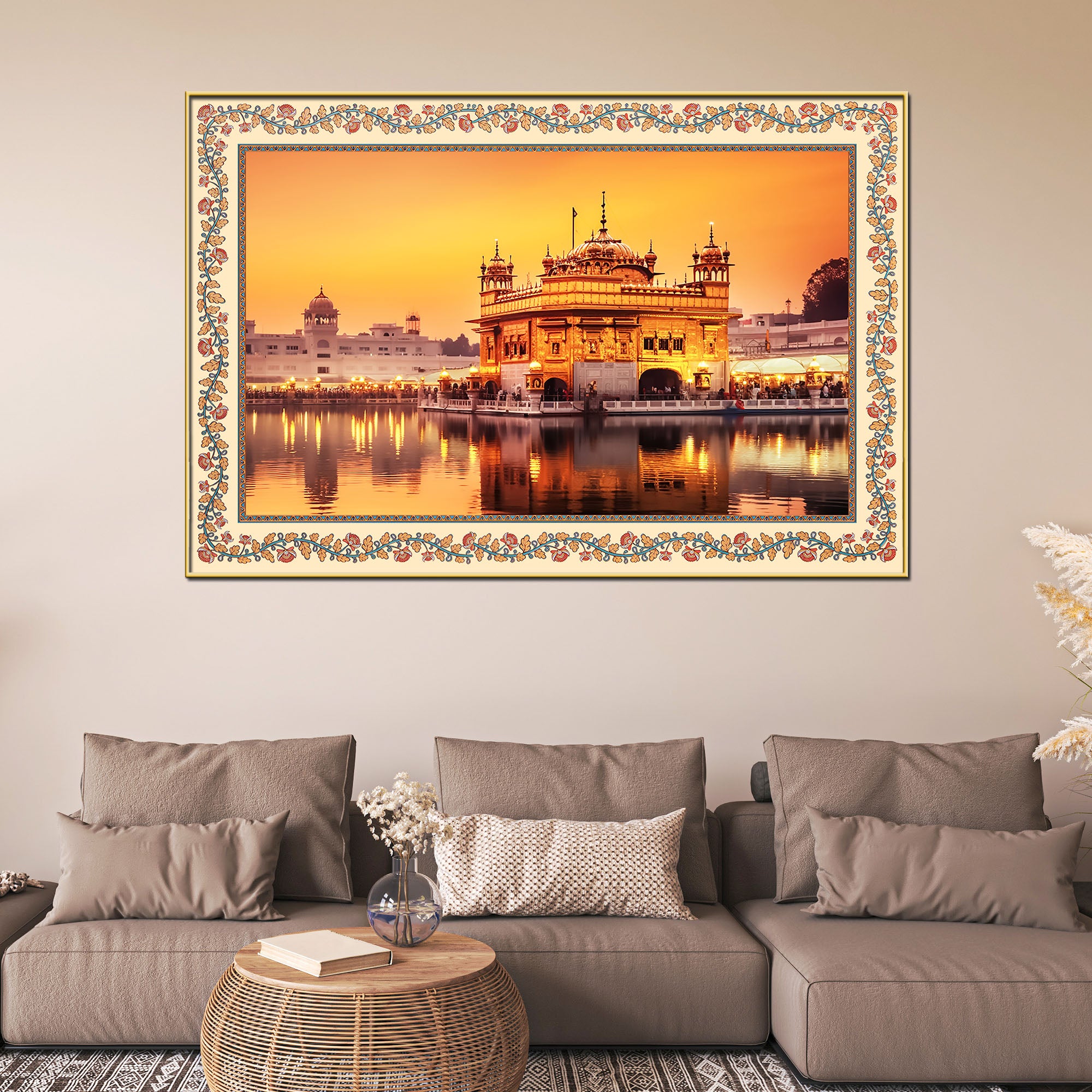 Golden Sikh Temple Floral Border Canvas Wall Painting