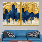 Golden Skyline Abstract Cityscape Acrylic Floating Wall Painting Set of 2