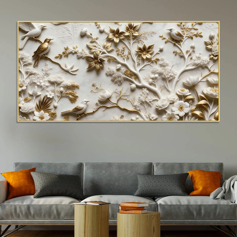 Golden Songbirds on Blooming Branches 3D Canvas Wall Painting