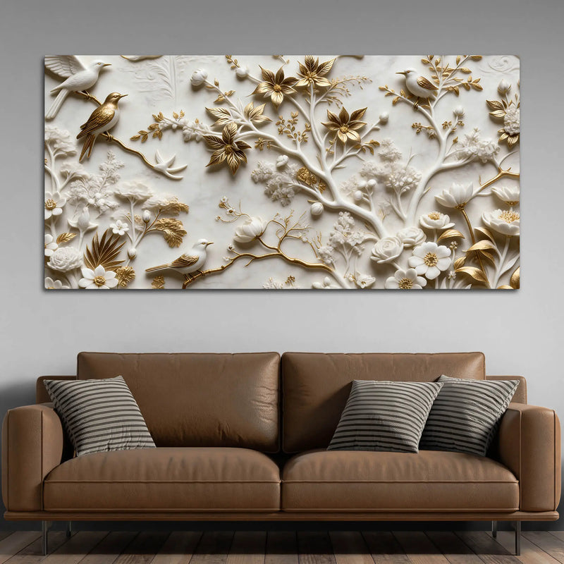 Golden Songbirds on Blooming Branches 3D Canvas Wall Painting