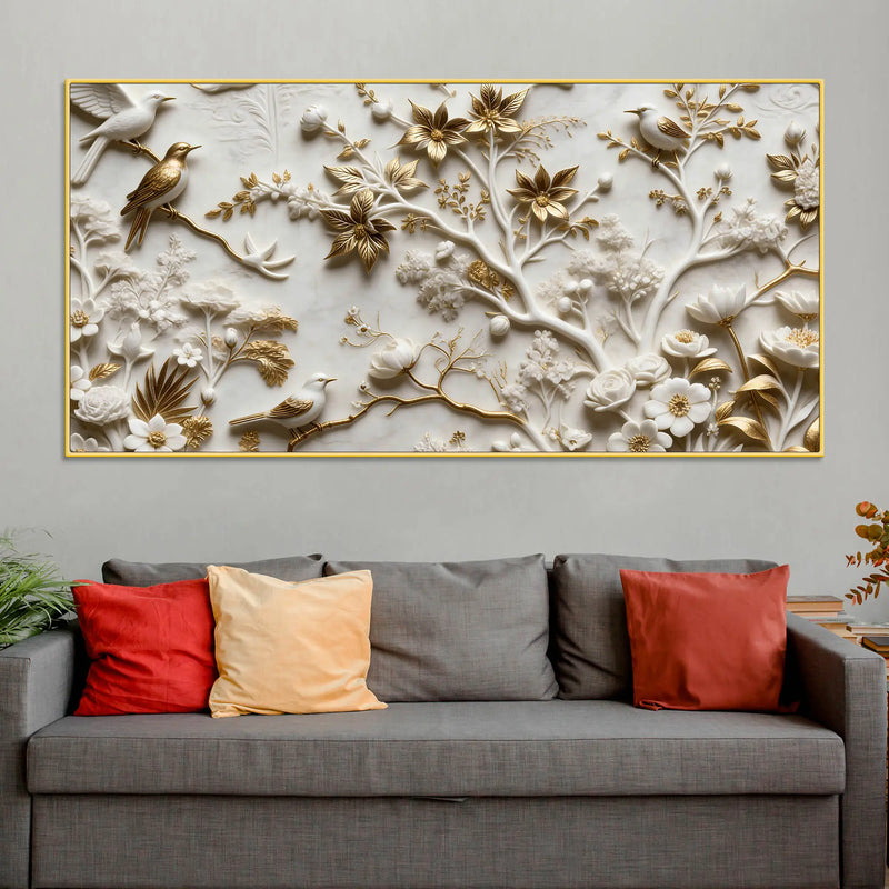 Golden Songbirds on Blooming Branches 3D Canvas Wall Painting
