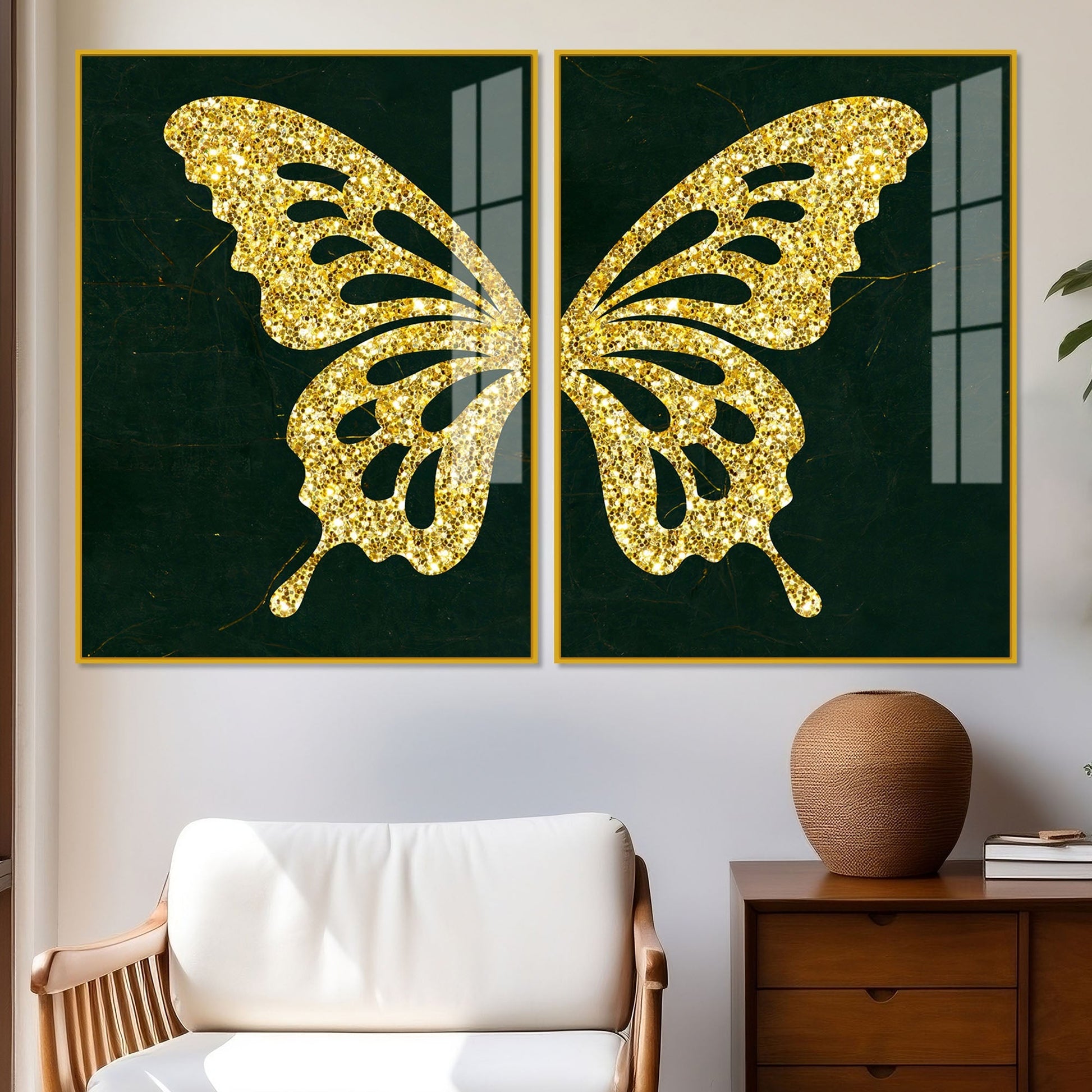 Golden Sparkling Butterfly Acrylic Floating Wall Painting Set of 2