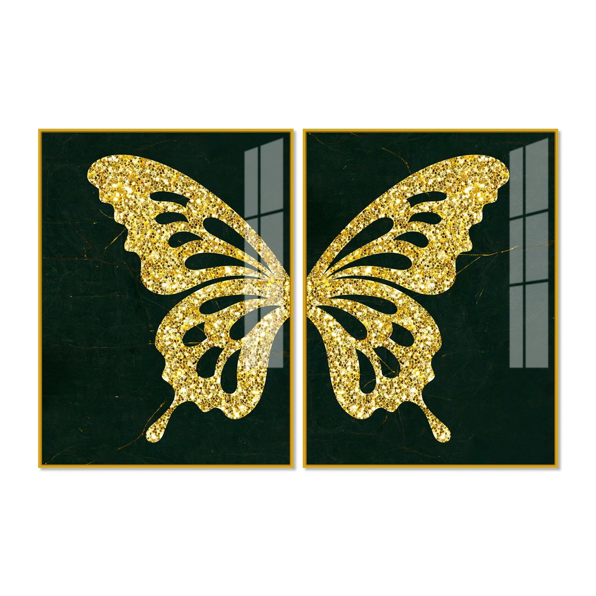 Golden Sparkling Butterfly Acrylic Floating Wall Painting Set of 2