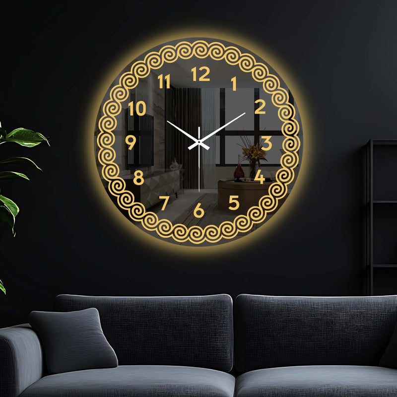 Golden Spiral Border LED Mirror Wall Clock with Warm Backlight