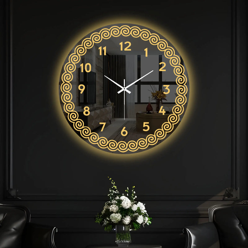 Golden Spiral Border LED Mirror Wall Clock with Warm Backlight