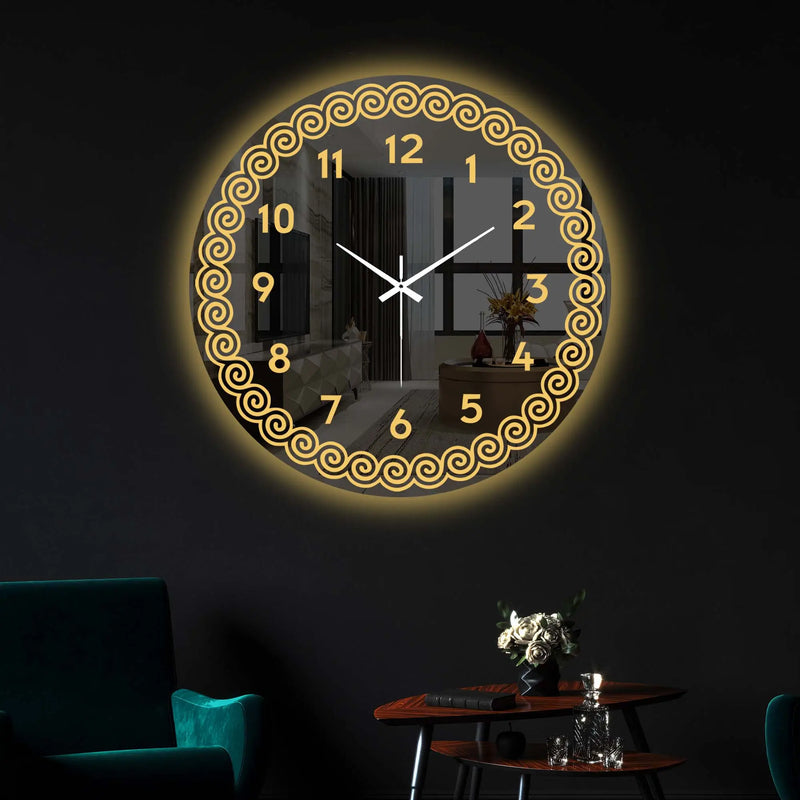 Golden Spiral Border LED Mirror Wall Clock with Warm Backlight