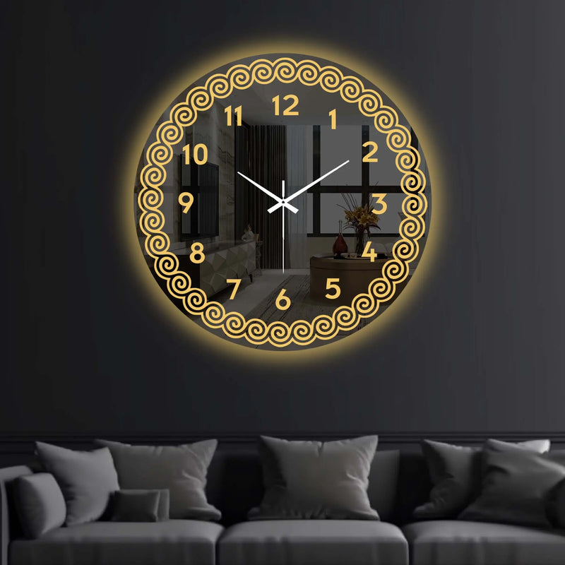 Golden Spiral Border LED Mirror Wall Clock with Warm Backlight