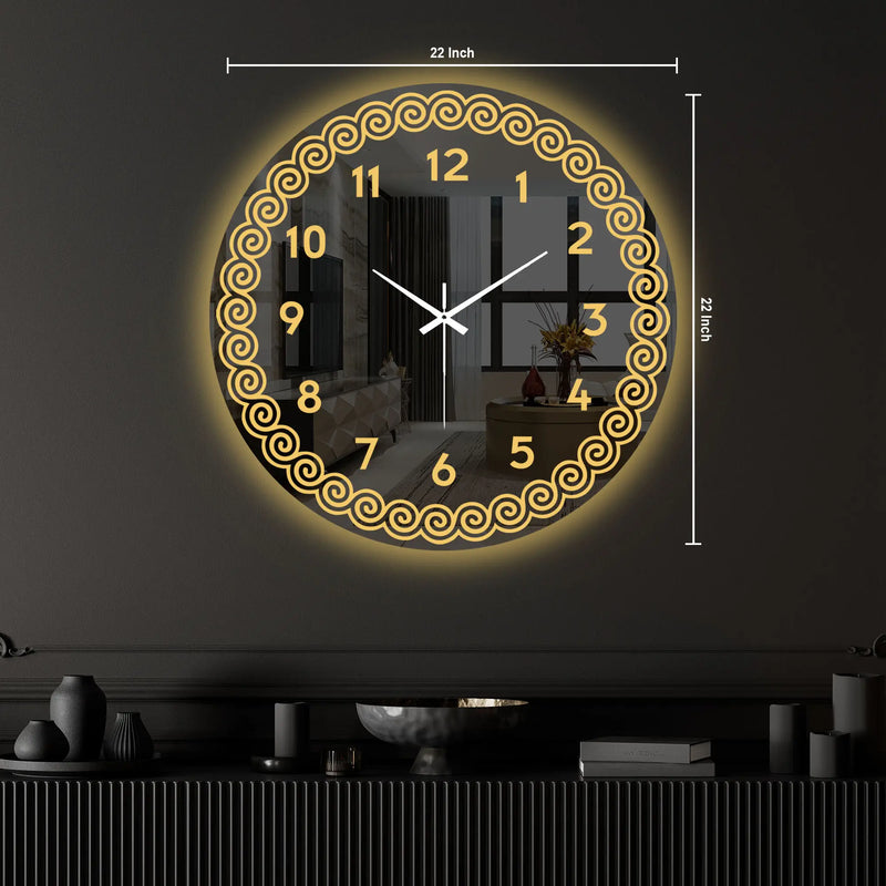 Golden Spiral Border LED Mirror Wall Clock with Warm Backlight