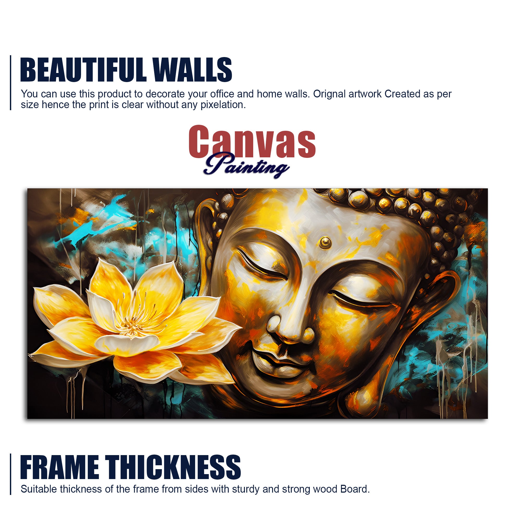 Golden Statue of Buddha with Lotus Flowers Canvas Wall Painting