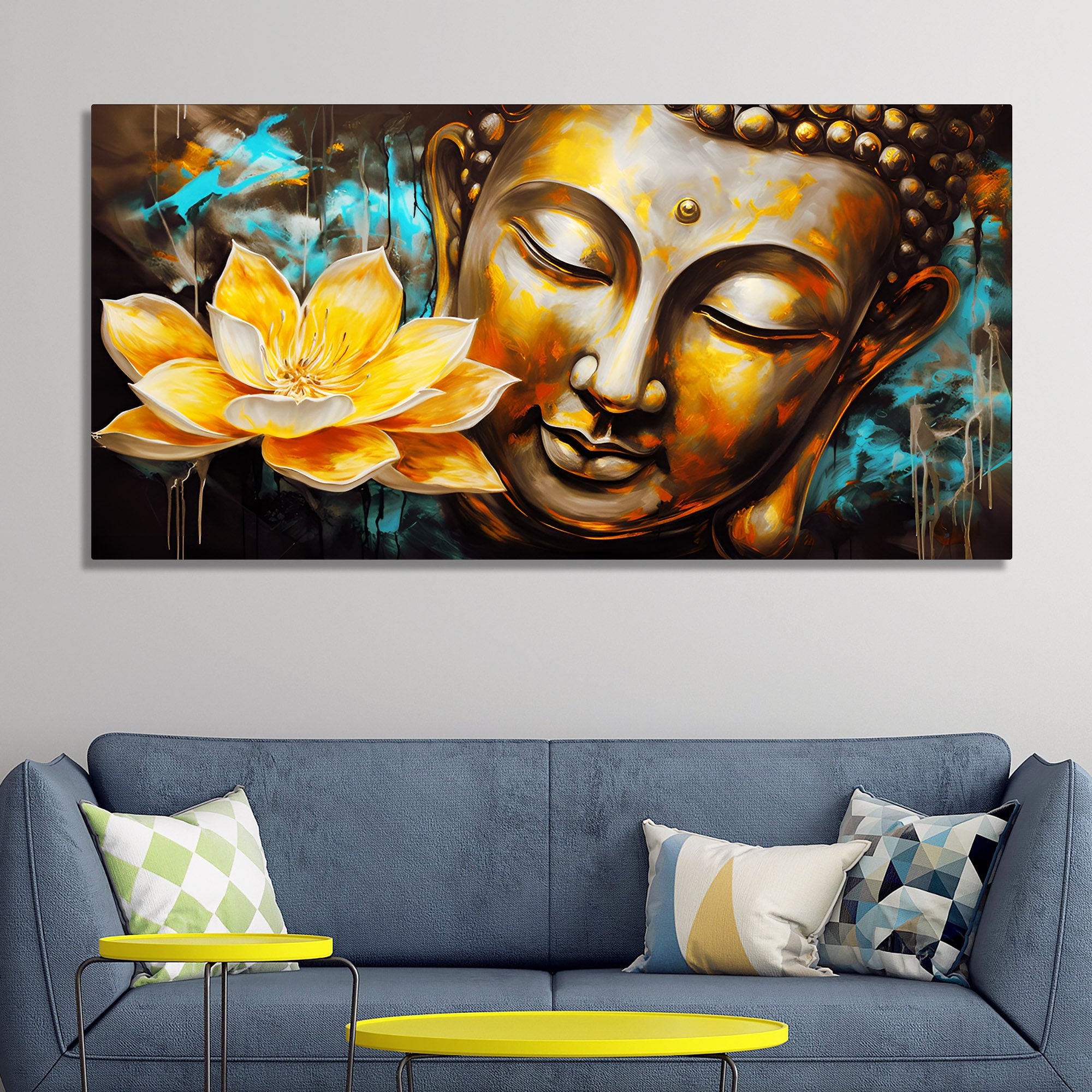 Golden Statue of Buddha with Lotus Flowers Canvas Wall Painting