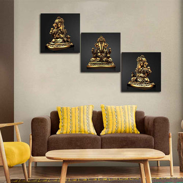 Golden Statue of Lord Ganesha Canvas Wall Painting of 3 Pieces