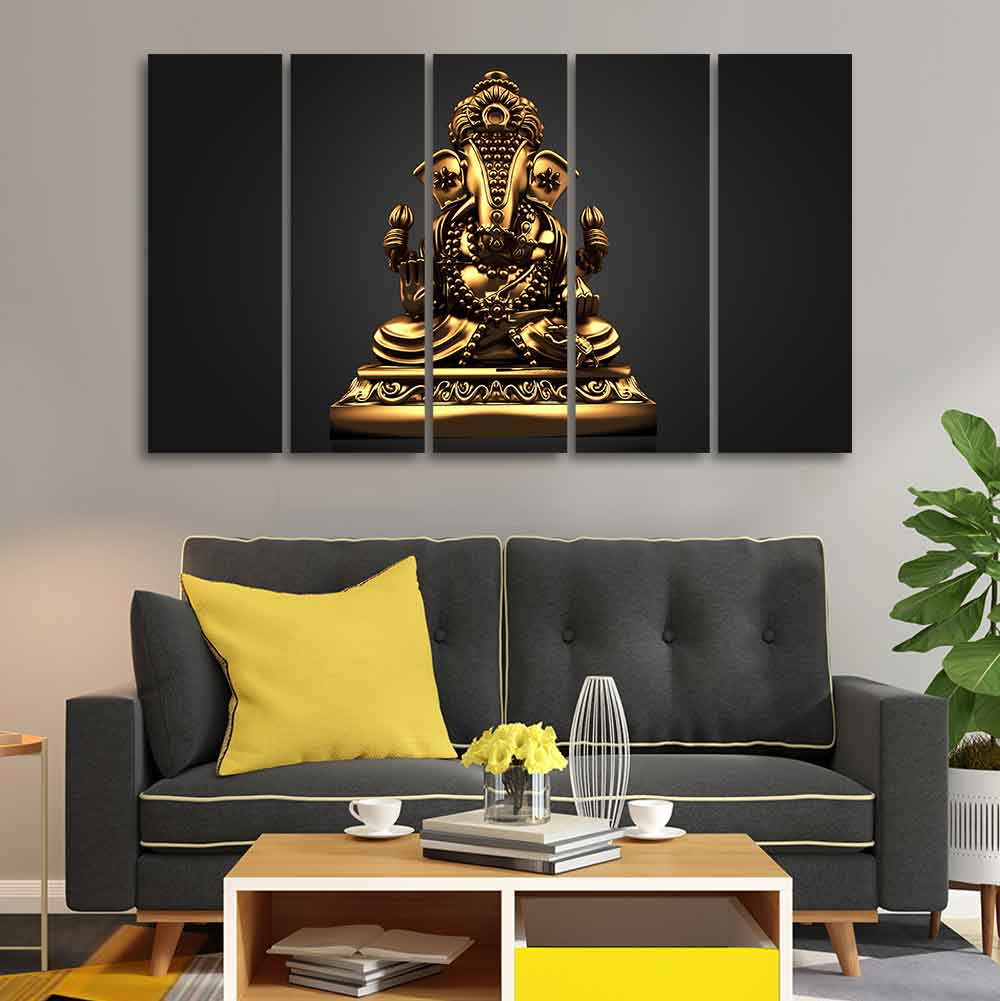 Golden Statue of Lord Ganesha Wall Painting of Five Pieces