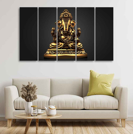 Golden Statue of Lord Ganesha Wall Painting of Five Pieces