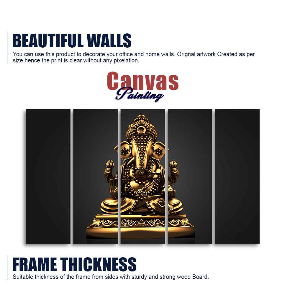 Golden Statue of Lord Ganesha Wall Painting of Five Pieces