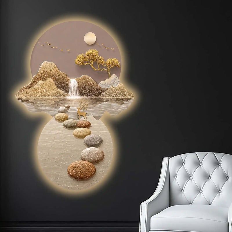 Golden Stepping Stones Landscape Premium Crystal Glass Backlit LED Wall Art