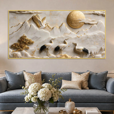 Golden Sun with Endearing Cranes & Mountains 3D Canvas Wall Painting