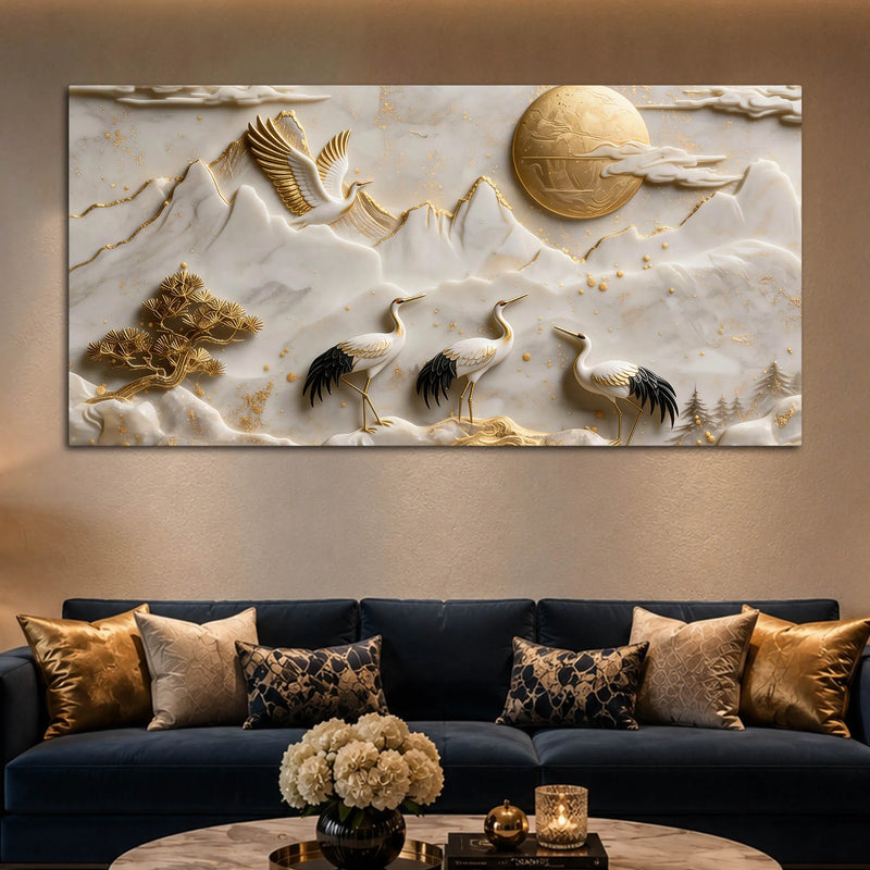 Golden Sun with Endearing Cranes & Mountains 3D Canvas Wall Painting