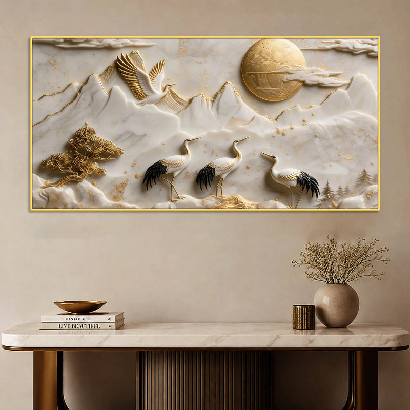 Golden Sun with Endearing Cranes & Mountains 3D Canvas Wall Painting