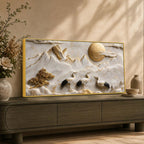 Golden Sun with Endearing Cranes & Mountains 3D Canvas Wall Painting