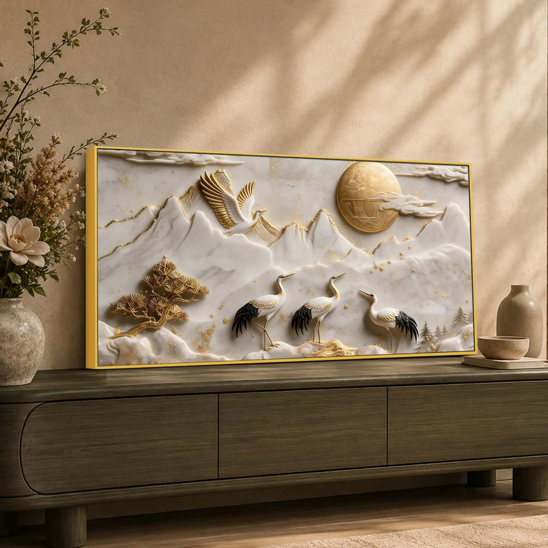 Golden Sun with Endearing Cranes & Mountains 3D Canvas Wall Painting