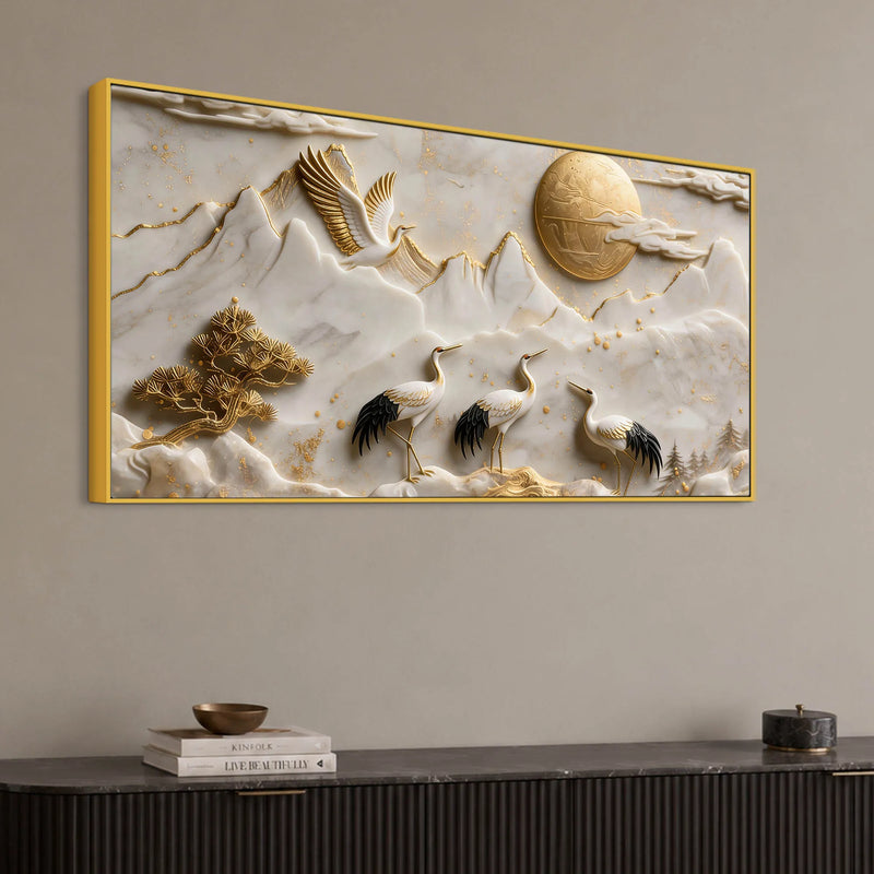 Golden Sun with Endearing Cranes & Mountains 3D Canvas Wall Painting