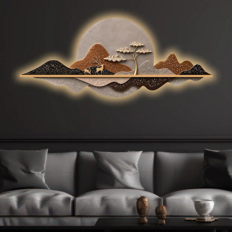 Golden Sunset Peaks Premium Crystal Glass Backlit LED Painting