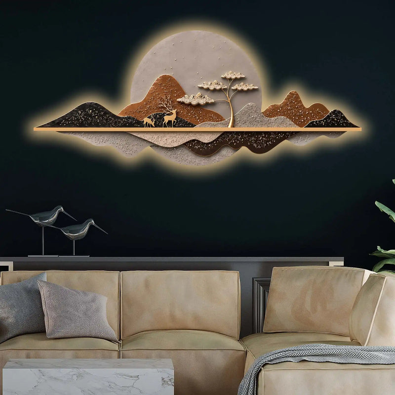 Golden Sunset Peaks Premium Crystal Glass Backlit LED Painting