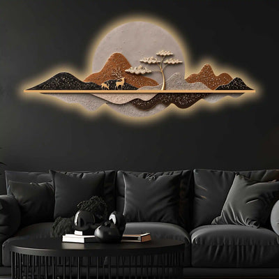 Golden Sunset Peaks Premium Crystal Glass Backlit LED Wall Art