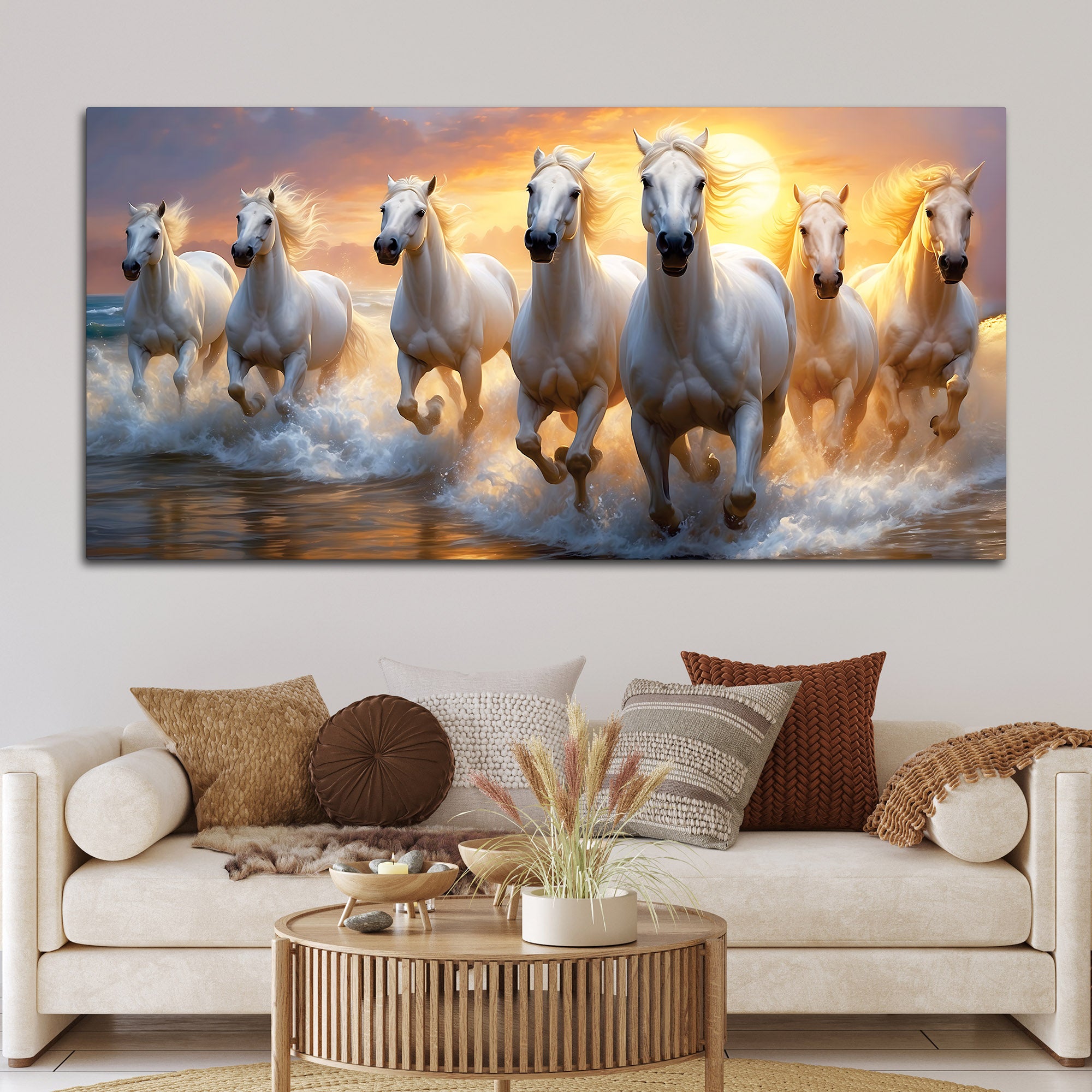 Golden Sunset Running White Horses Canvas wall Painting