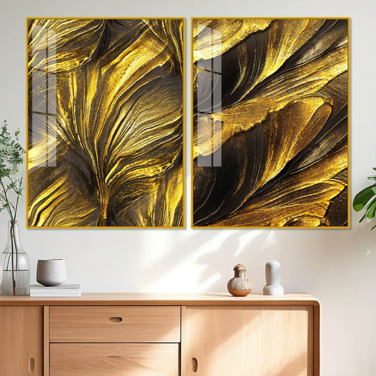 Golden Texture Acrylic Floating Wall Painting Set of 2