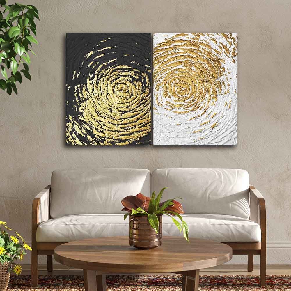 Golden Textured Canvas Wall Painting of Two Pieces