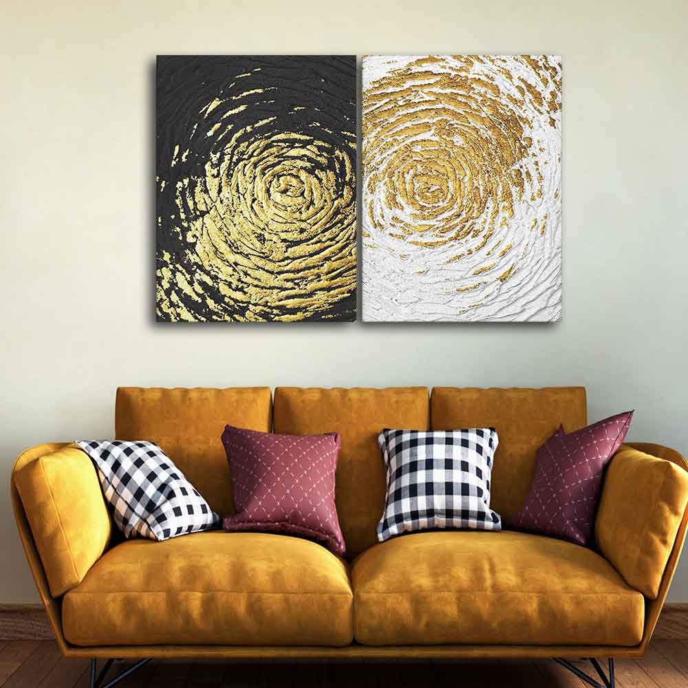 Golden Textured Canvas Wall Painting of Two Pieces