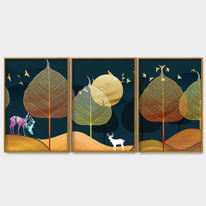 Golden Textured Leaves Floating Canvas Wall Painting Set of Three