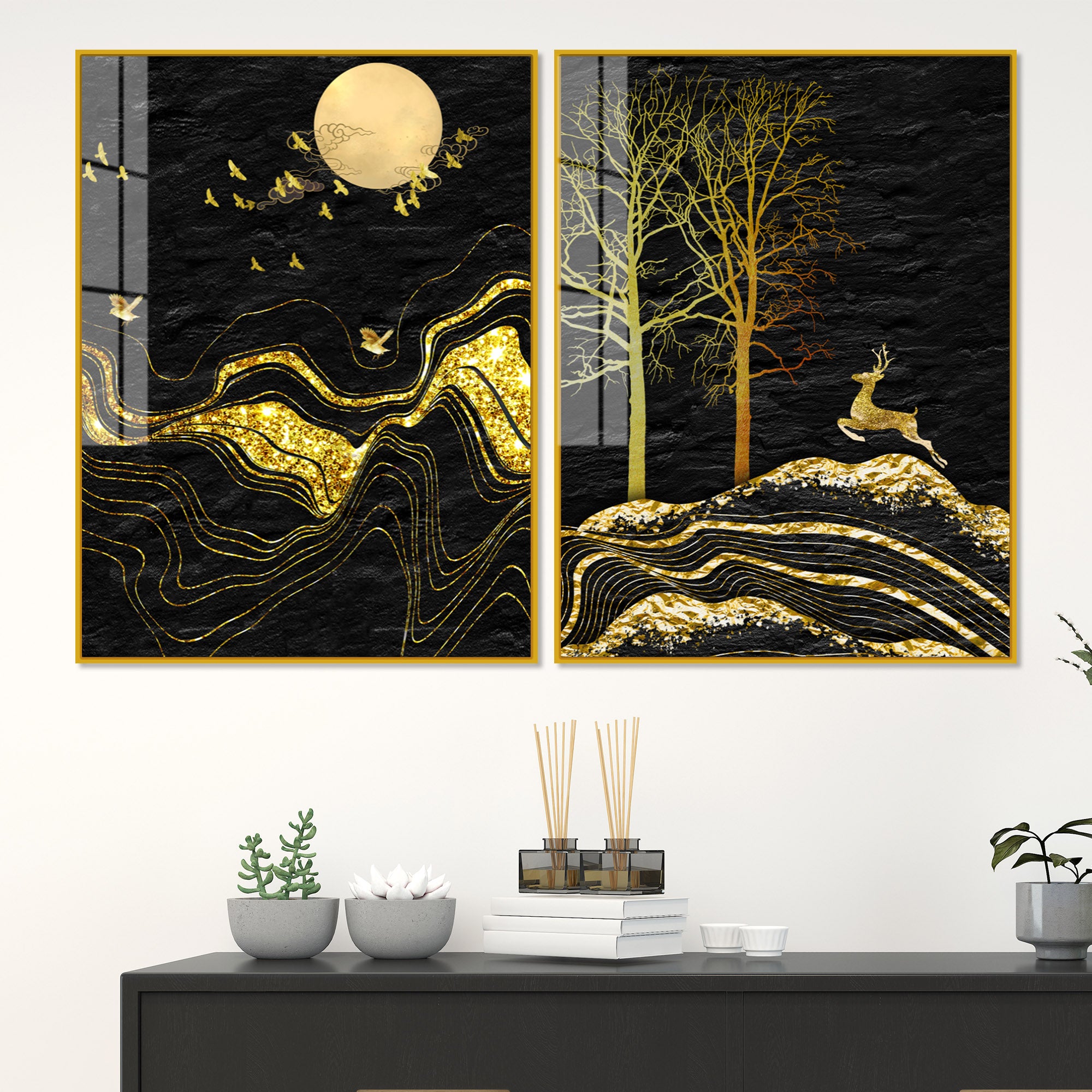 Golden Textured Mountains Art Premium Acrylic Floating Wall Painting Set Of 2