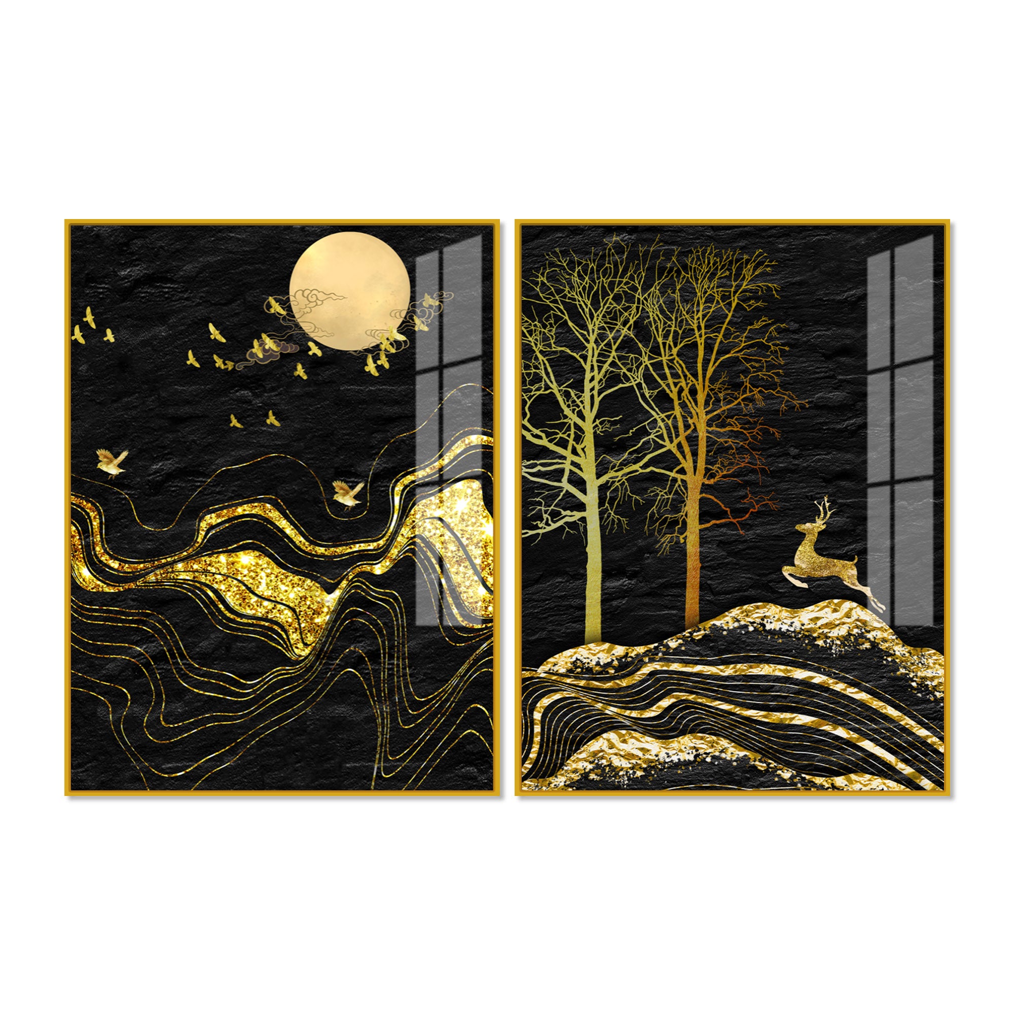 Golden Textured Mountains Art Premium Acrylic Floating Wall Painting Set Of 2