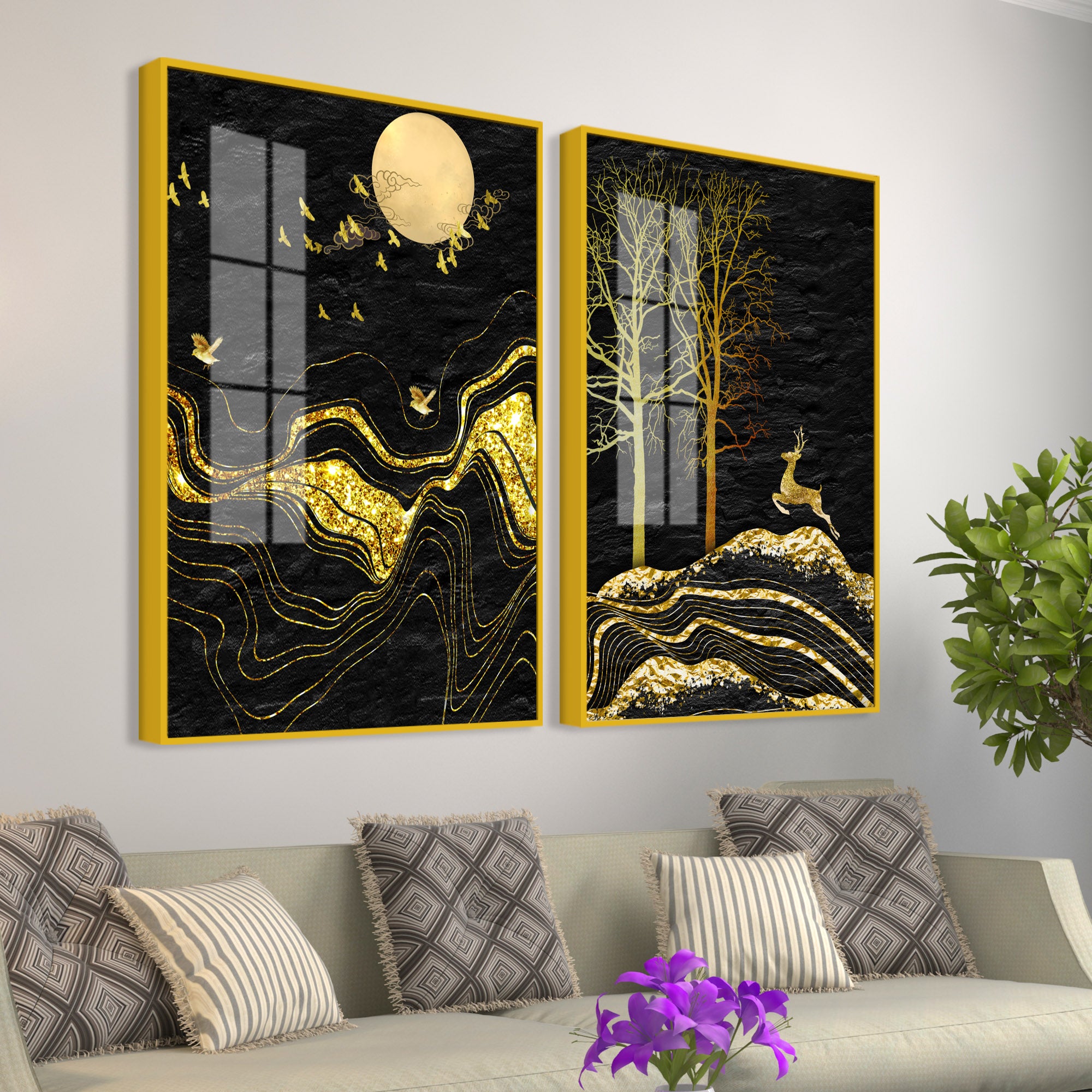 Golden Textured Mountains Art Premium Acrylic Floating Wall Painting Set Of 2