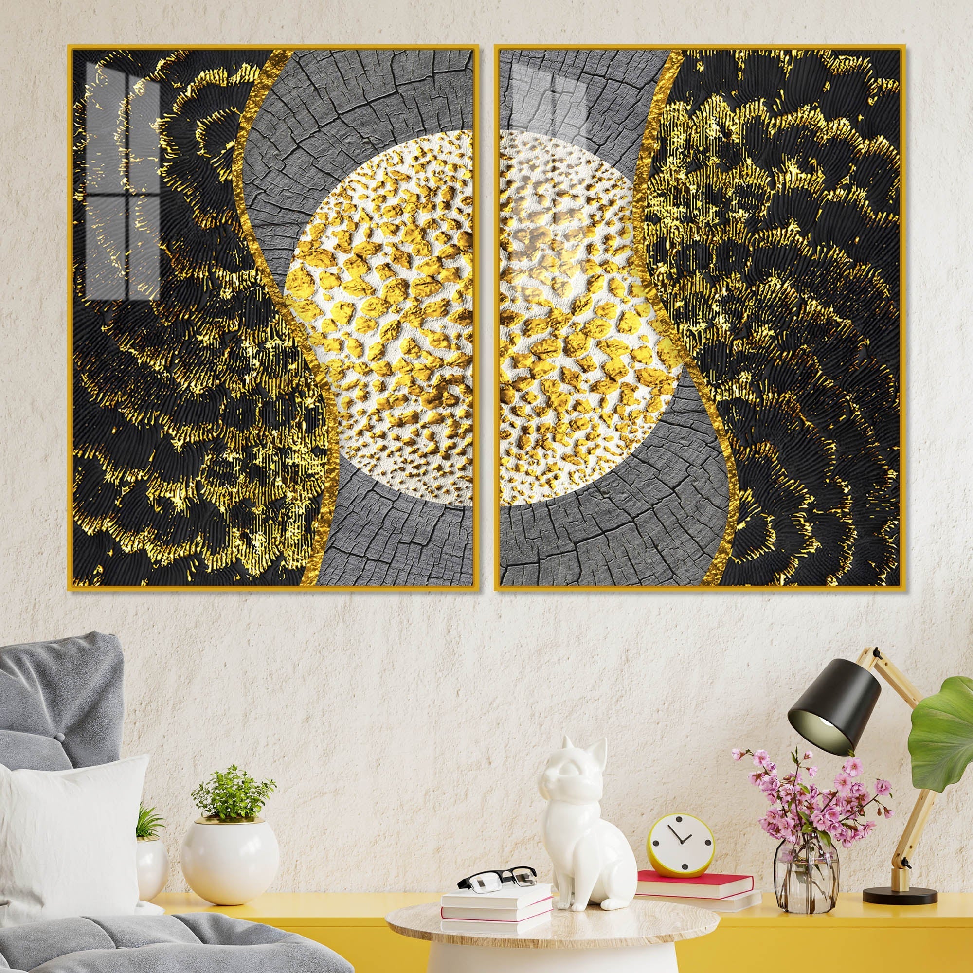 Golden Textured Pattern Acrylic Floating Wall Painting Set of 2