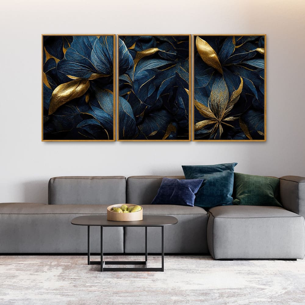 Golden Textured Tropical leaves Floating Canvas Wall Painting Set of Three