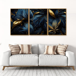 Golden Textured Tropical leaves Floating Canvas Wall Painting Set of Three